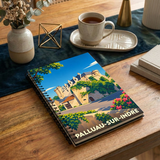 Carnet souvenir de la ville de Palluau-sur-Indre avec une illustration stylisée de son château.