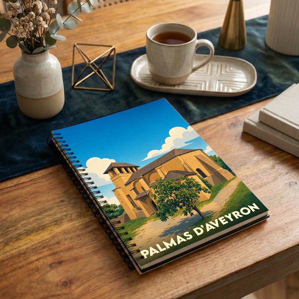 Carnet à spirales souvenir de la ville de Palmas d'Aveyron avec une illustration stylisée de son église.
