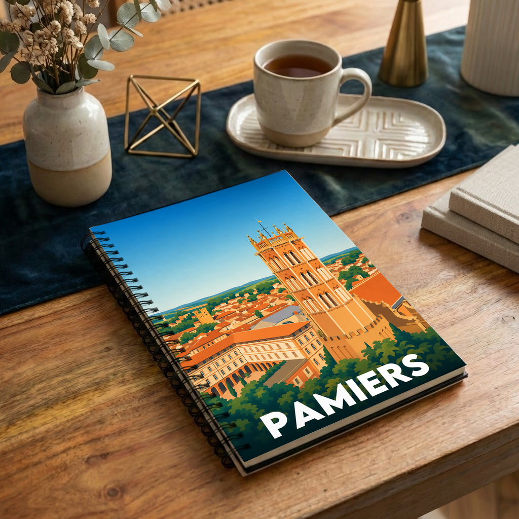 Carnet souvenir de la ville de Pamiers avec une illustration stylisée.
