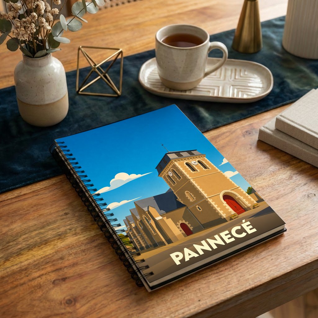 Carnet souvenir de la ville de Pannecé avec une illustration stylisée de son église sur la couverture.