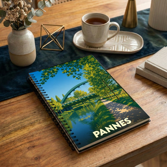 Carnet souvenir de la ville de Pannes avec une illustration stylisée d'un pont au-dessus de l'eau.