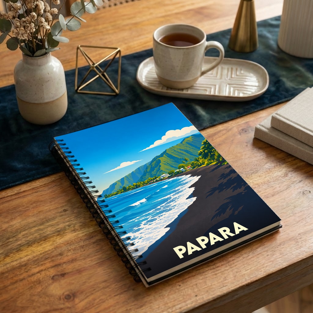 Carnet à spirales souvenir de la ville de Papara avec une illustration stylisée d'une plage de sable noir bordée de montagnes.