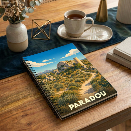 Carnet à spirale souvenir de la ville de Paradou avec une illustration de paysage provençal.