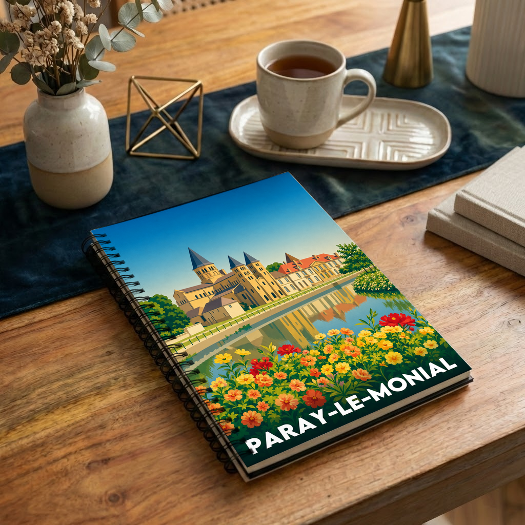 Carnet souvenir de la ville de Paray-le-Monial avec une illustration stylisée.