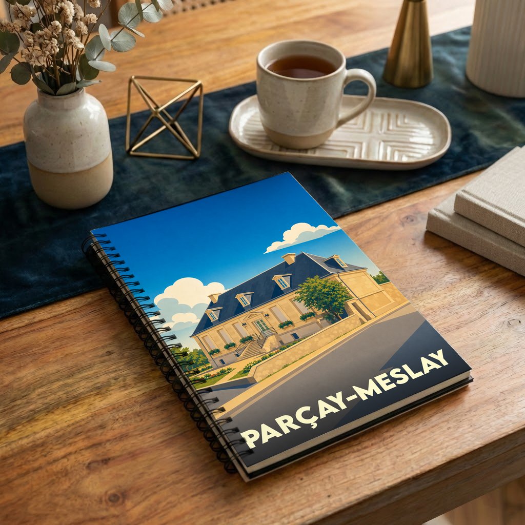 Carnet à spirales souvenir de la ville de Parçay-Meslay avec une illustration stylisée.