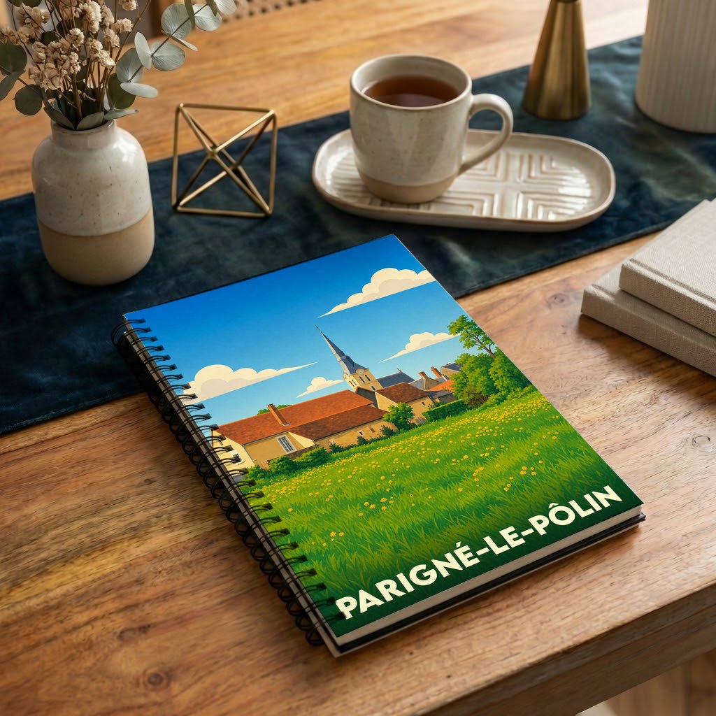 Carnet à spirales souvenir de la ville de Parigné-le-Pôlin illustré d'un paysage de campagne stylisé.