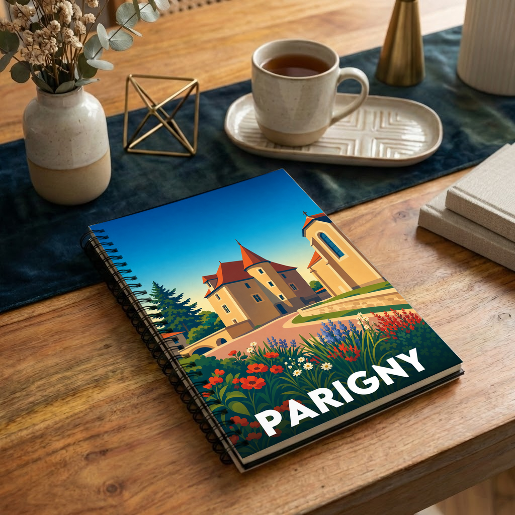 Carnet souvenir de la ville de Parigny avec une illustration stylisée.