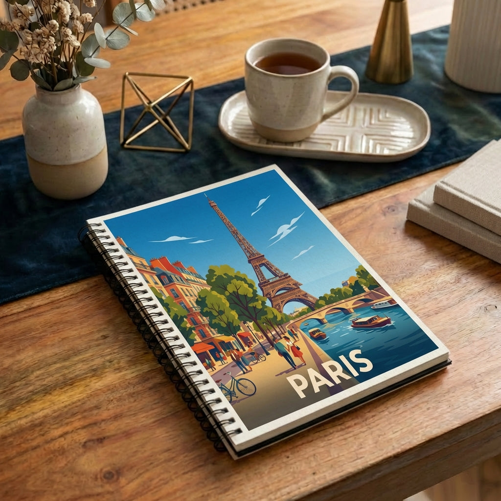 Carnet à spirales souvenir de la ville de Paris avec une illustration stylisée représentant la tour Eiffel.