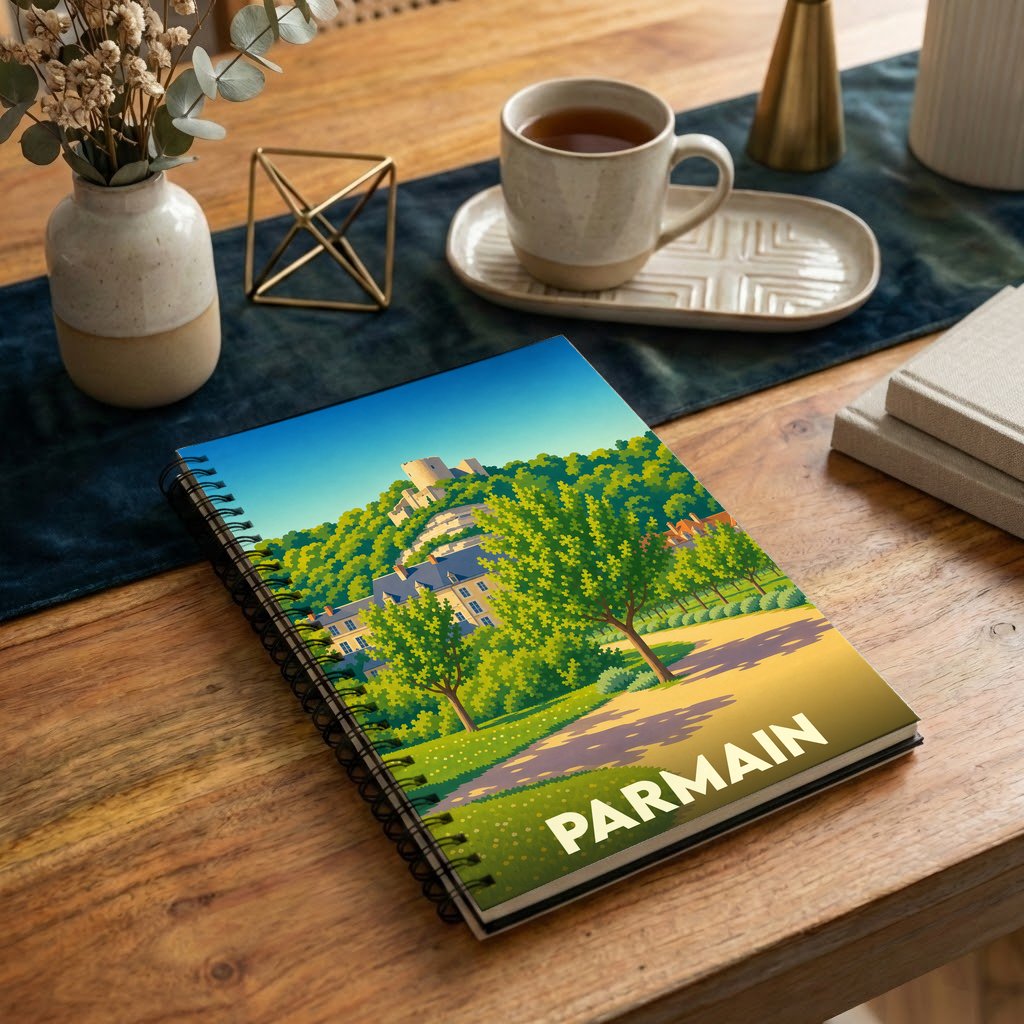 Carnet à spirales souvenir de la ville de Parmain avec une illustration stylisée et colorée de son paysage urbain.