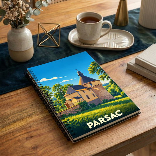 Carnet souvenir de la ville de Parsac avec une illustration stylisée.