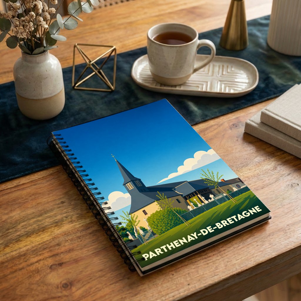 Carnet souvenir de la ville de Parthenay-de-Bretagne avec une illustration stylisée de son église sous un ciel bleu.