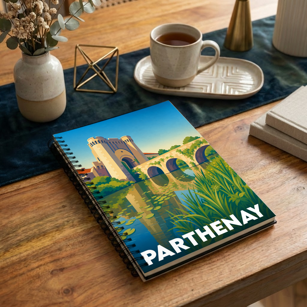 Carnet à spirale souvenir de la ville de Parthenay avec une illustration stylisée du pont et de la porte Saint-Jacques.
