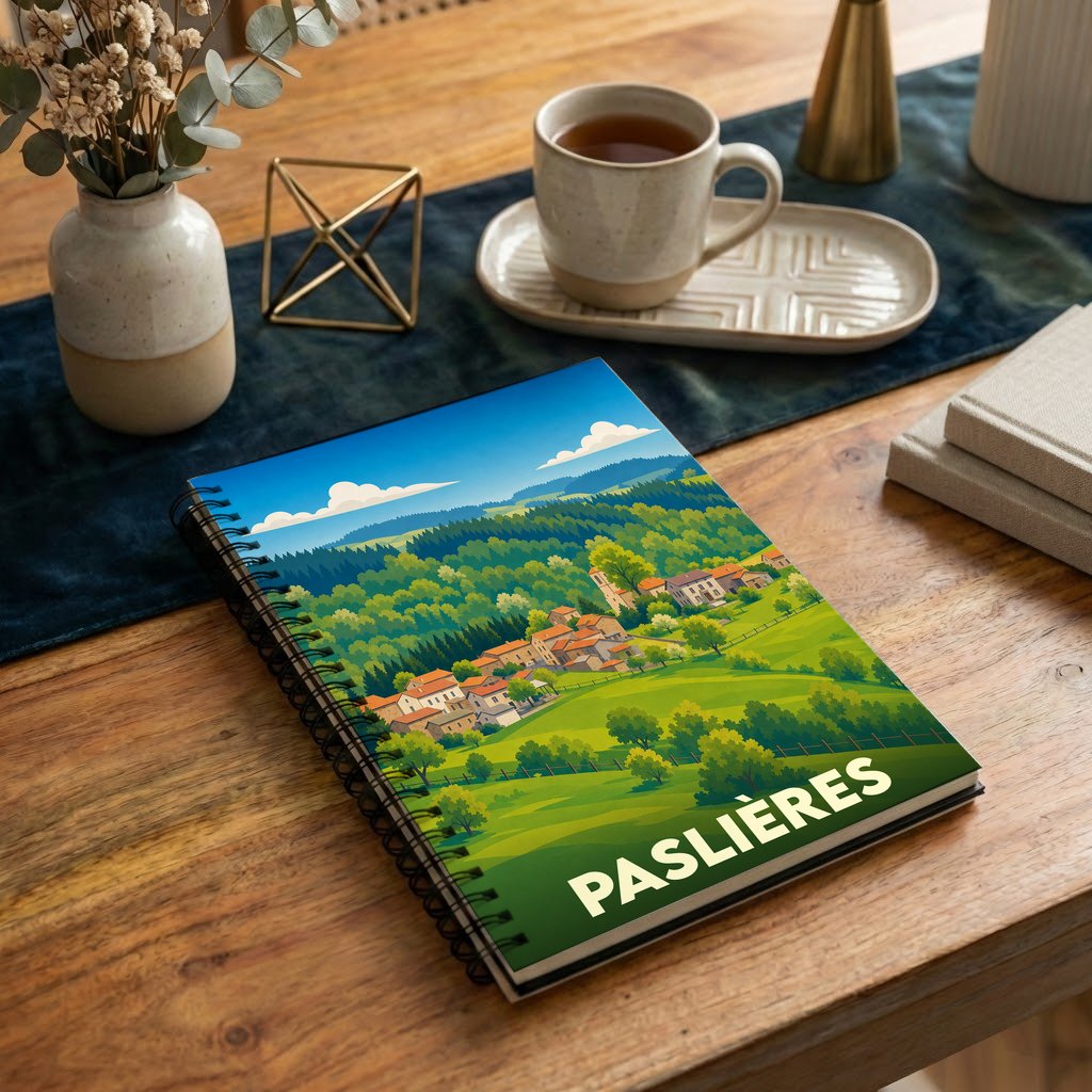 Carnet à spirales souvenir de la ville de Paslières avec une illustration stylisée de son paysage vallonné.