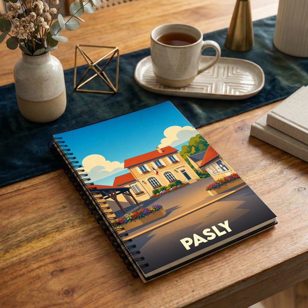 Carnet à spirales souvenir de la ville de Pasly avec une illustration stylisée.