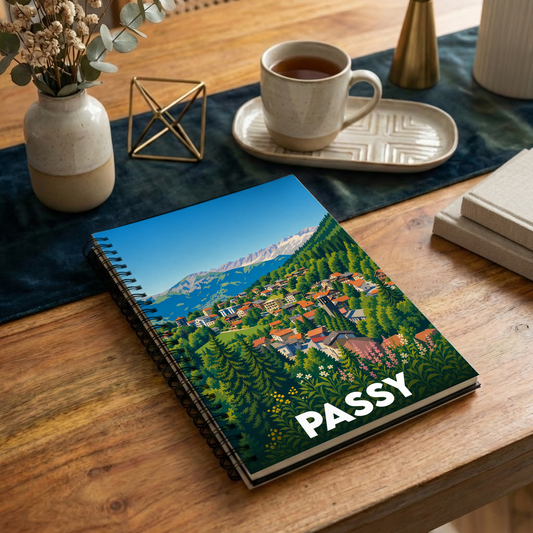 Carnet à spirales souvenir de la ville de Passy avec une illustration de paysage de montagne stylisée.