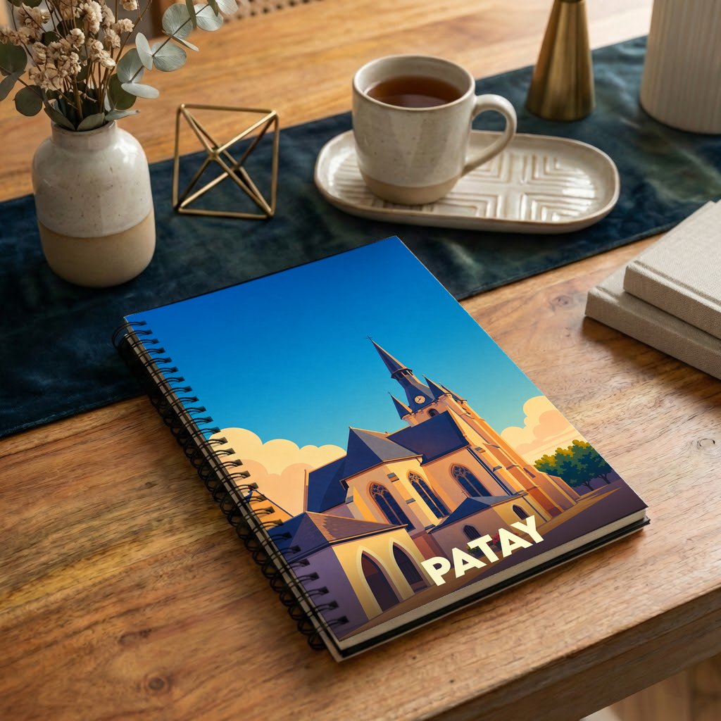 Carnet à spirales souvenir de la ville de Patay avec une illustration stylisée de son église.