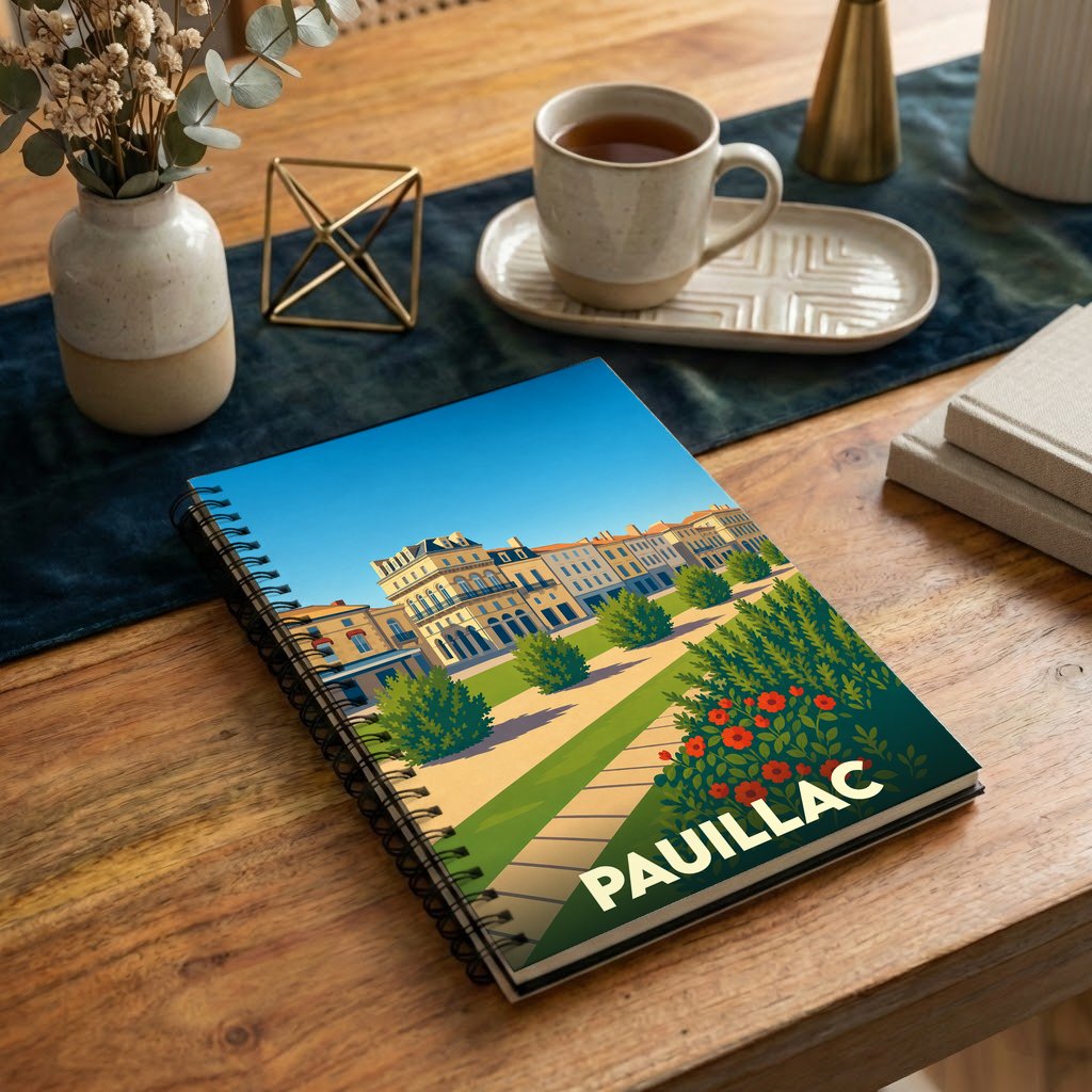 Carnet à spirale souvenir de la ville de Pauillac avec une illustration stylisée et colorée.