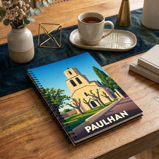 Carnet souvenir de la ville de Paulhan avec une illustration stylisée de son église sous un ciel bleu.