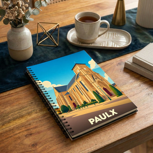 Carnet souvenir de la ville de Paulx avec une illustration stylisée d'une église sous un ciel bleu.