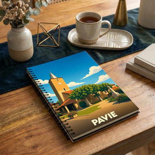 Carnet à spirales souvenir de la ville de Pavie avec une illustration stylisée de son église.
