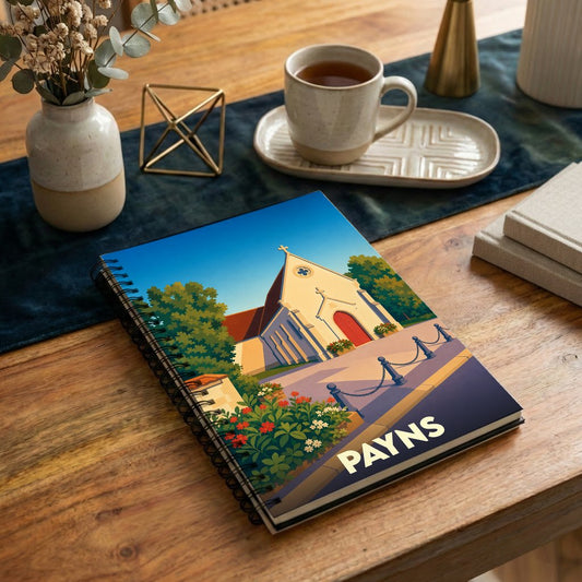 Carnet de notes souvenir de la ville de Payns avec une illustration stylisée de son église.