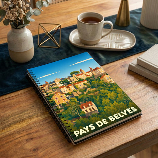 Carnet de notes à spirales souvenir de la ville de Pays de Belvès avec une illustration stylisée de ses paysages.