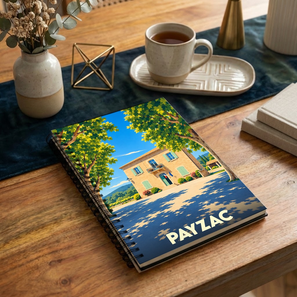 Carnet à spirales souvenir de la ville de Payzac avec une illustration stylisée d'une maison de village sous les arbres.