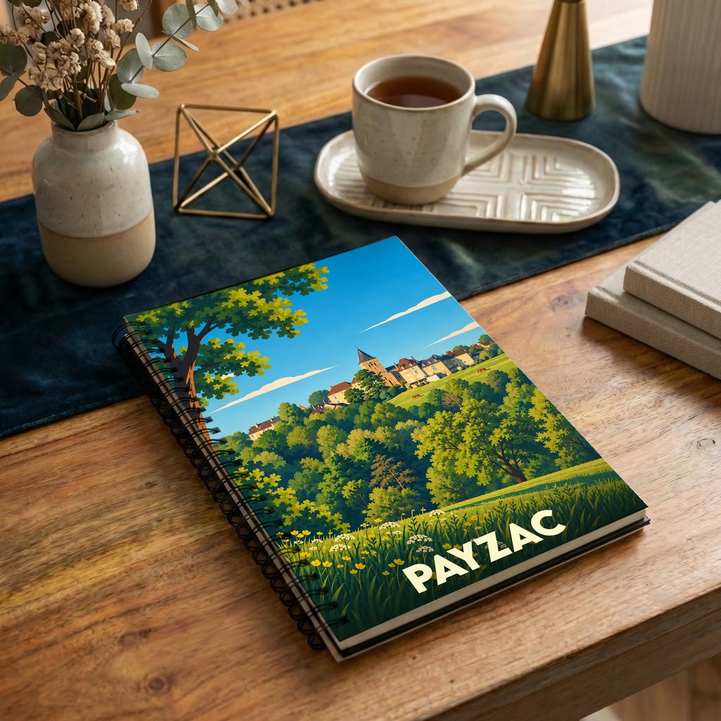 Carnet de notes souvenir de la ville de Payzac illustré d'un paysage de campagne stylisé.