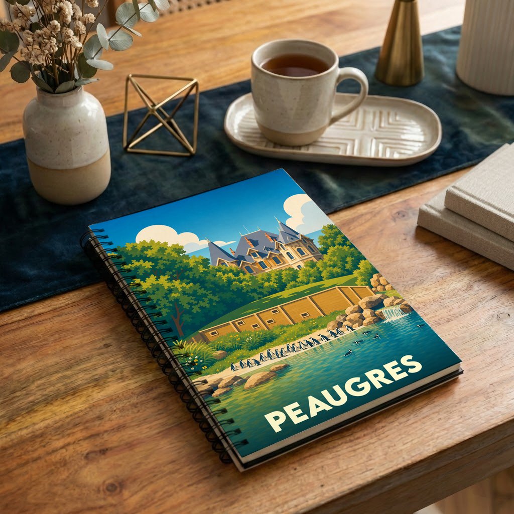 Carnet souvenir de la ville de Peaugres avec une illustration stylisée d'un château et de manchots.