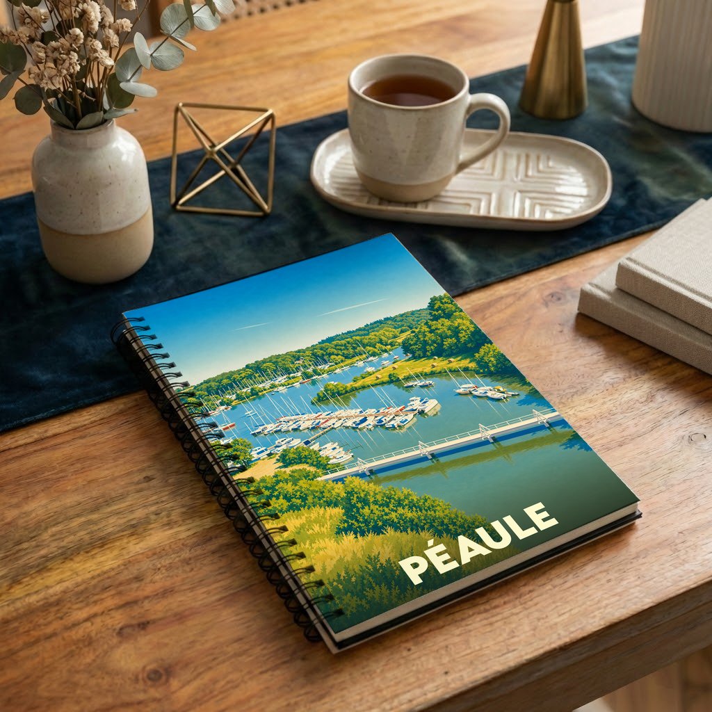 Carnet de notes souvenir de la ville de Péaule avec une illustration stylisée d'un port de plaisance.