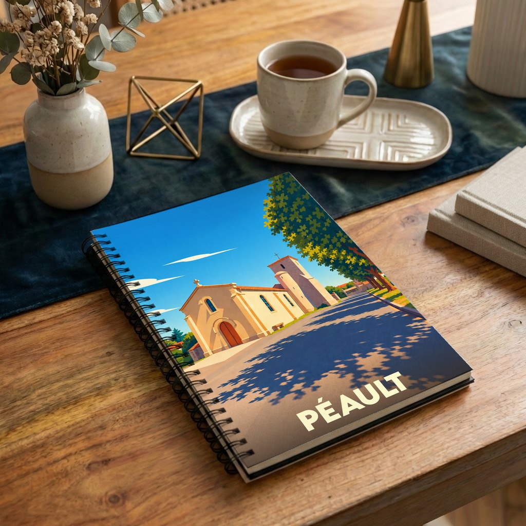Carnet souvenir de la ville de Péault avec une illustration stylisée de son église.