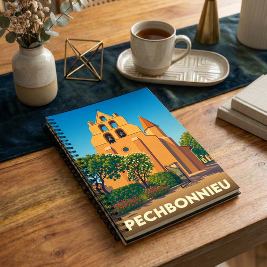 Carnet de notes à spirales souvenir de la ville de Pechbonnieu avec une illustration stylisée de son église.