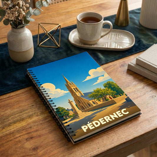 Carnet souvenir de la ville de Pédernec avec une illustration stylisée de son église sous un ciel bleu.