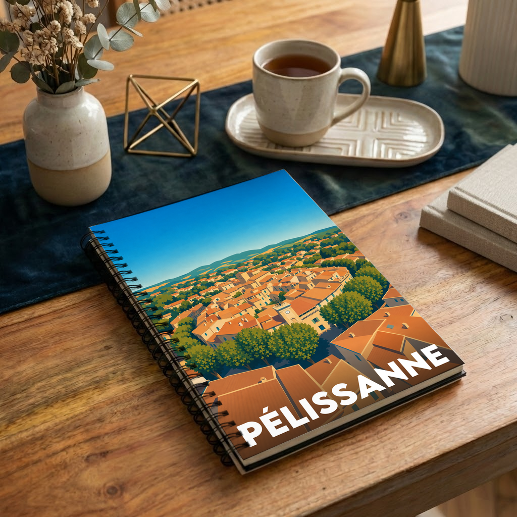 Carnet de notes à spirales avec une illustration stylisée de la ville de Pélissanne.