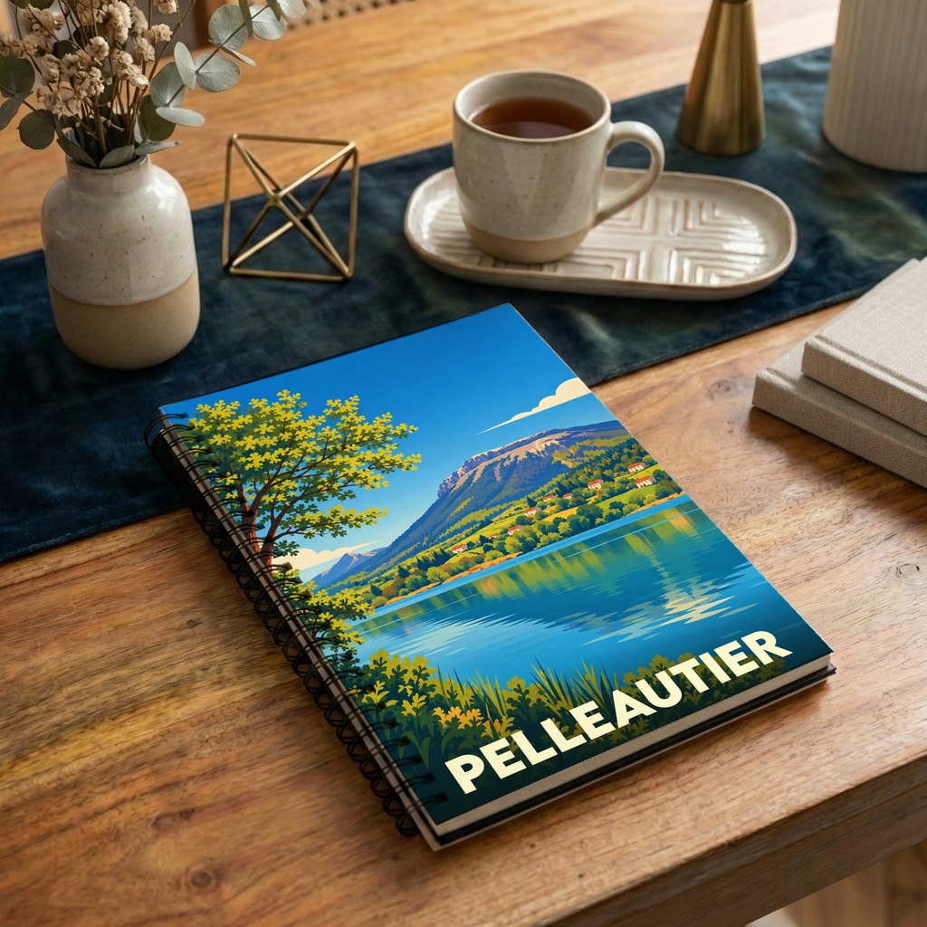 Carnet à spirale souvenir de la ville de Pelleautier avec une illustration stylisée d'un lac de montagne.