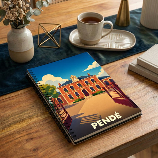Carnet à spirale souvenir de la ville de Pendé illustré d'une vue stylisée de la mairie sous un ciel bleu.