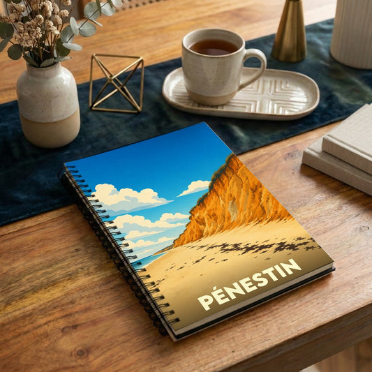 Carnet à spirales souvenir de la ville de Pénestin avec une illustration stylisée de ses falaises.