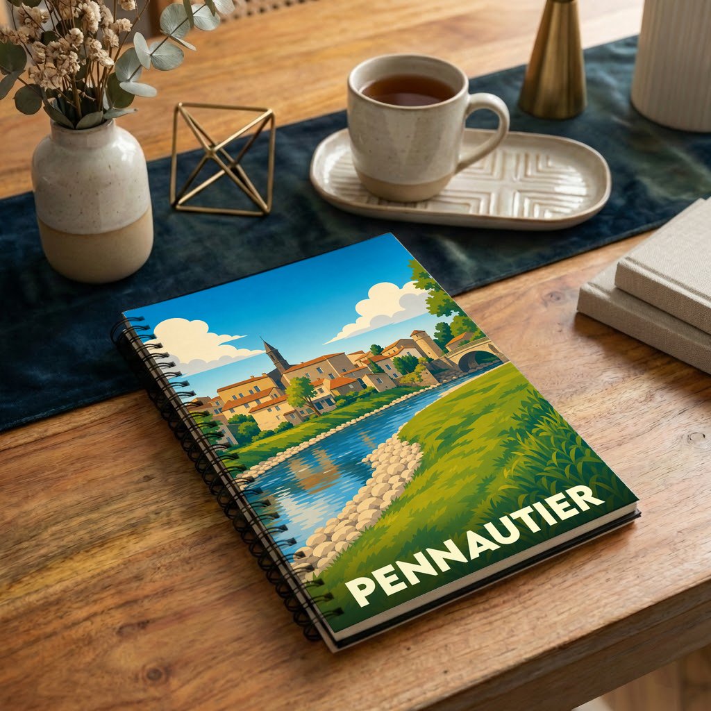 Carnet à spirales souvenir de la ville de Pennautier avec une illustration stylisée de son paysage urbain et de sa rivière.