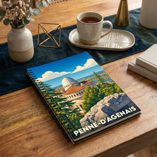 Carnet à spirales souvenir de la ville de Penne-d'Agenais avec une illustration stylisée.