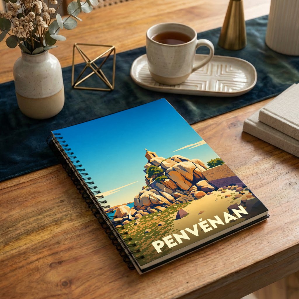 Carnet à spirales souvenir de la ville de Penvénan avec une illustration stylisée de son paysage côtier.