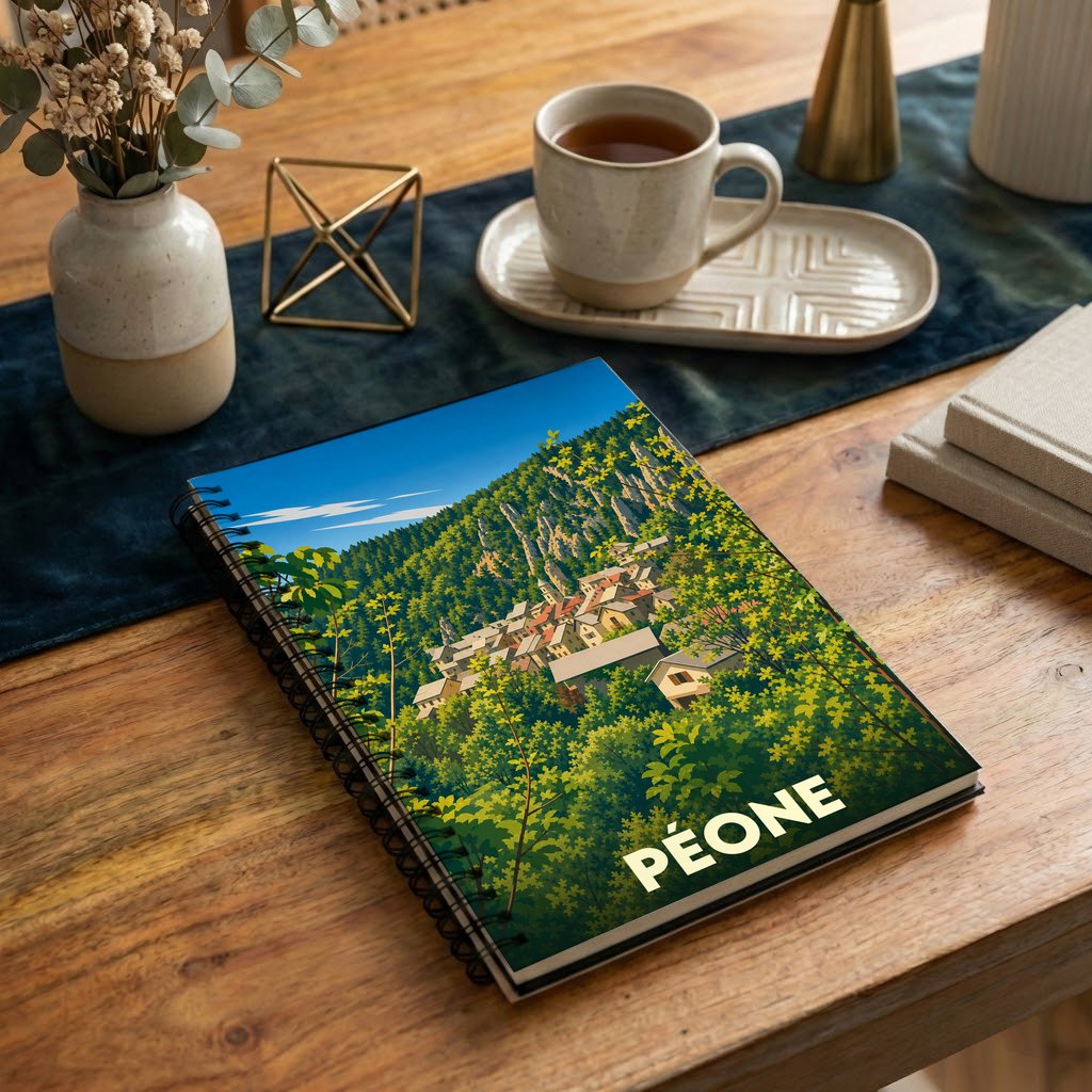 Carnet à spirales souvenir de la ville de Péone avec une illustration stylisée d'un village de montagne niché dans la verdure.