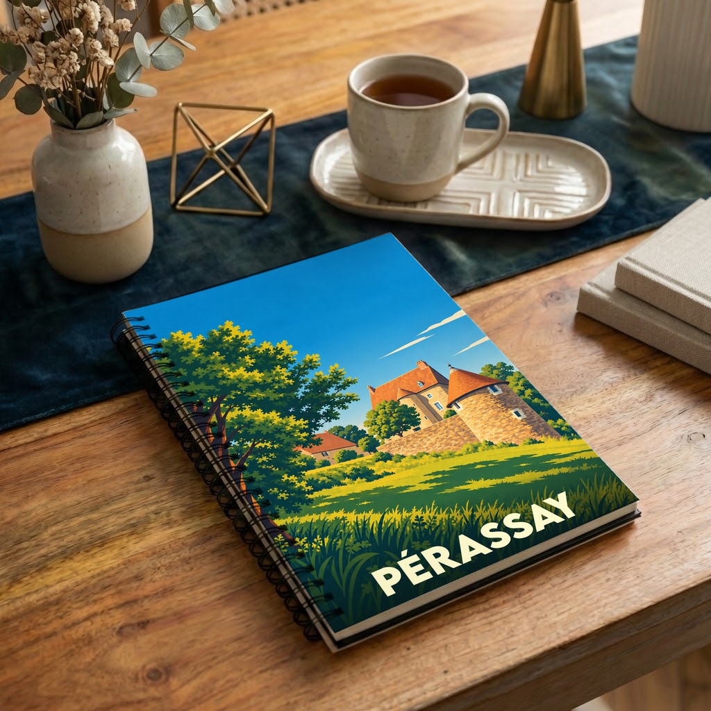 Carnet à spirales souvenir de la ville de Pérassay avec une illustration stylisée d'un château.