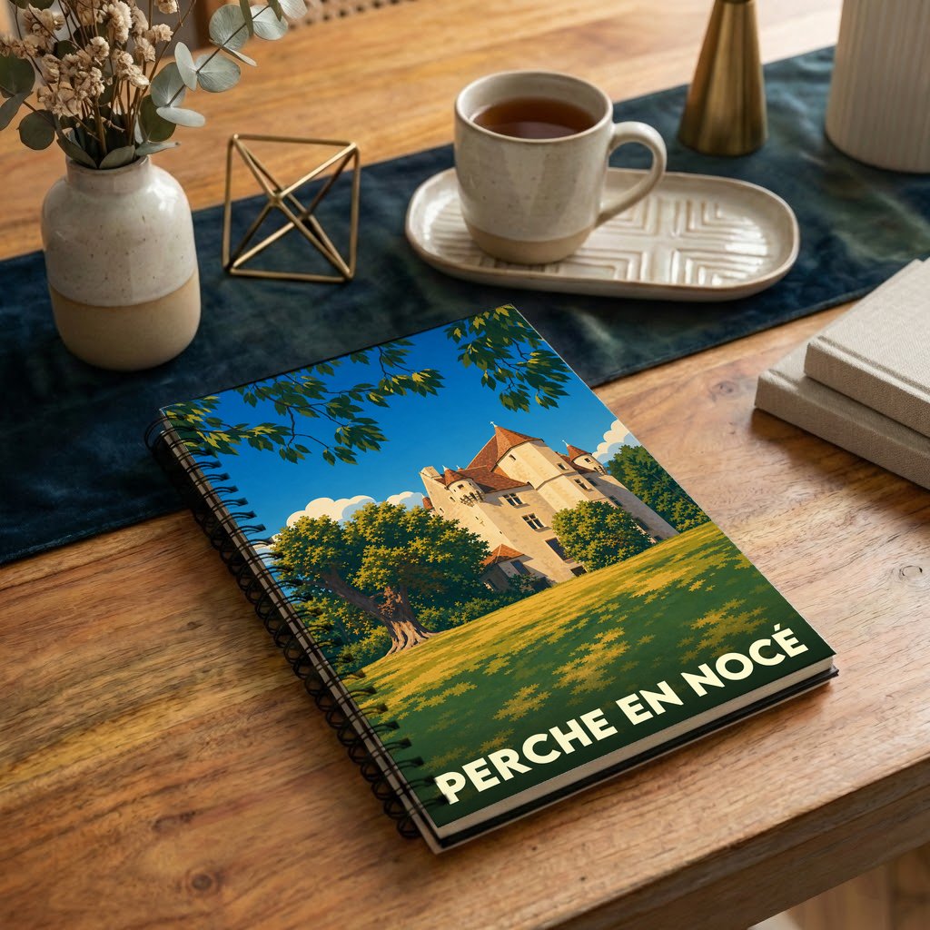 Carnet à spirales souvenir de Perche en Nocé illustré d'un château dans un style vintage.