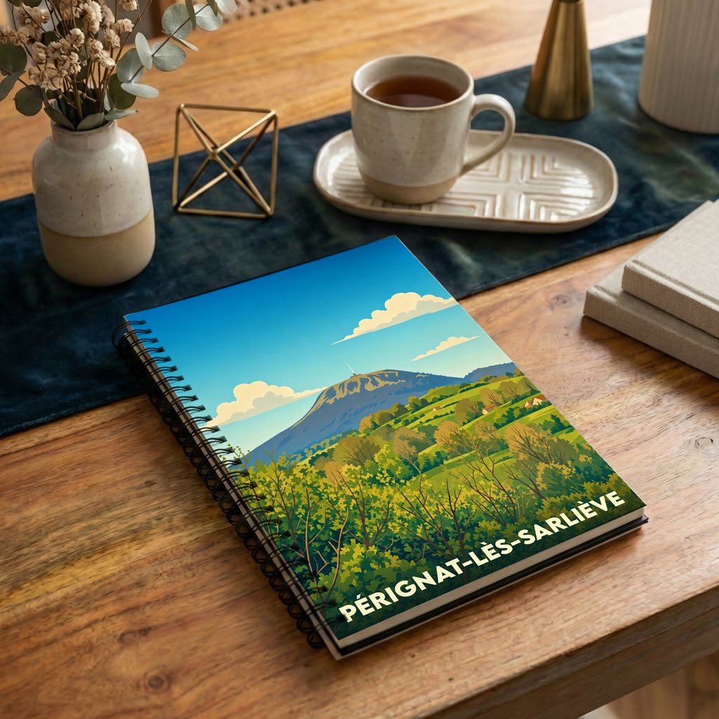 Carnet de notes souvenir de la ville de Pérignat-lès-Sarliève illustré d'un paysage naturel stylisé.