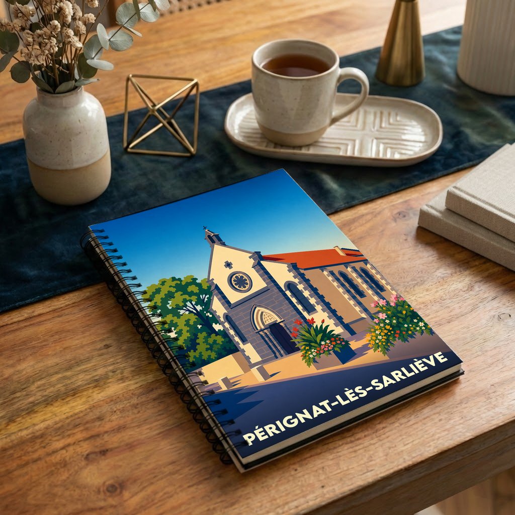 Carnet souvenir de la ville de Pérignat-lès-Sarliève avec une illustration stylisée de son église.