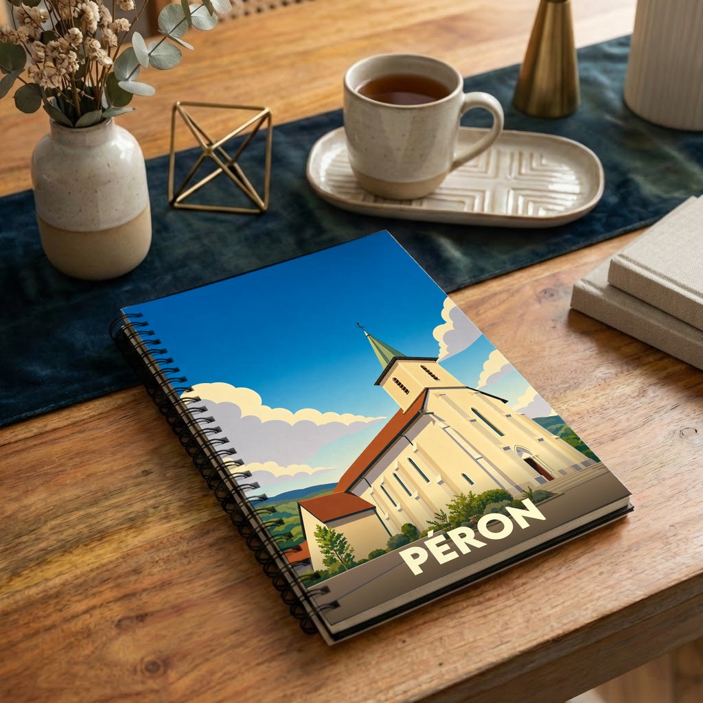 Carnet à spirales souvenir de la ville de Péron avec une illustration stylisée de son église.