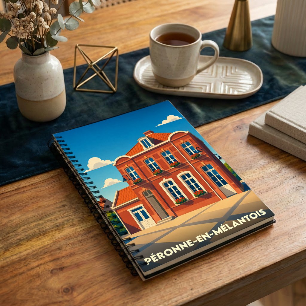 Carnet à spirales souvenir de Péronne-en-Mélantois avec une illustration stylisée d'un bâtiment typique.
