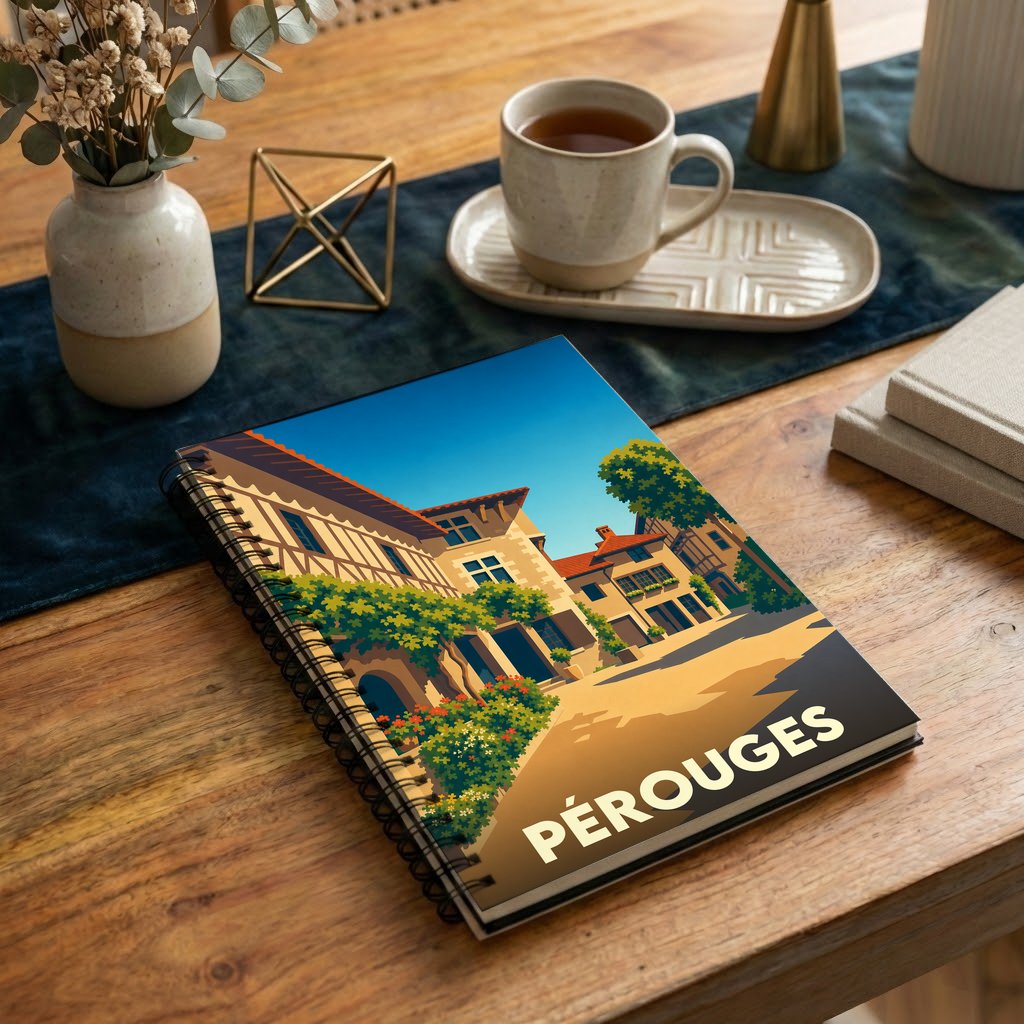Carnet souvenir de la ville de Pérouges illustré d'une vue stylisée de ses ruelles médiévales.