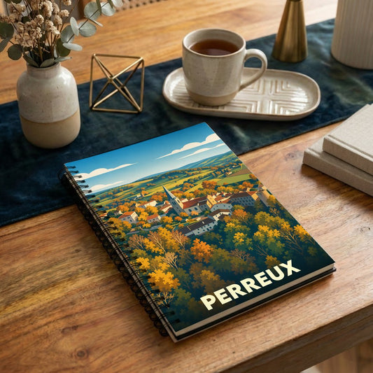 Carnet à spirales souvenir de la ville de Perreux avec une illustration de paysage automnal stylisé.