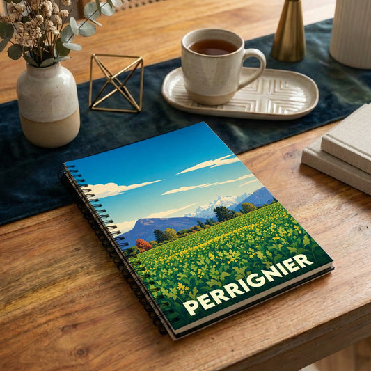 Carnet de notes souvenir de la ville de Perrignier orné d'une illustration stylisée de paysages montagneux et de champs fleuris.
